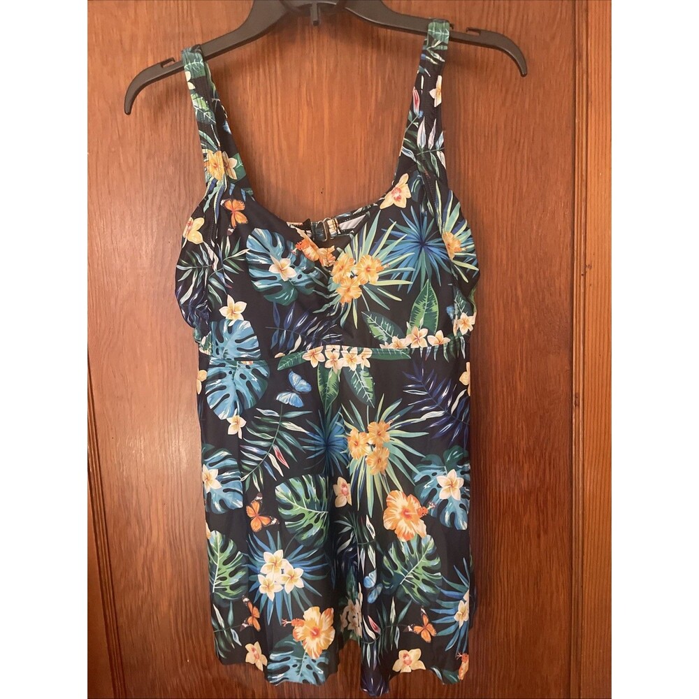 NWT Aqua Eve Tankini Lg Black White Tropical Print Key Hole Beach Pool 14W
